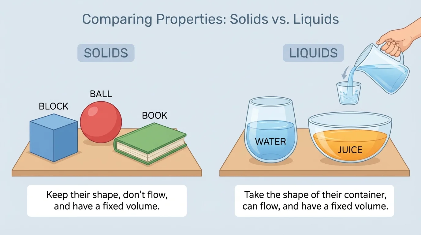 child-friendly comparison with a block, a ball, and a book keeping their shapes, while water and juice change shape inside different cups and bowls