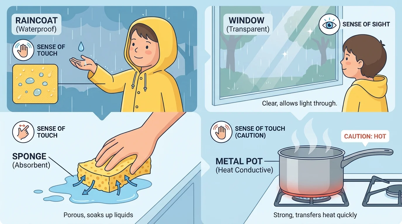 everyday uses of material properties with a child in a raincoat, a clear window, a sponge soaking spilled water, and a sturdy metal cooking pot