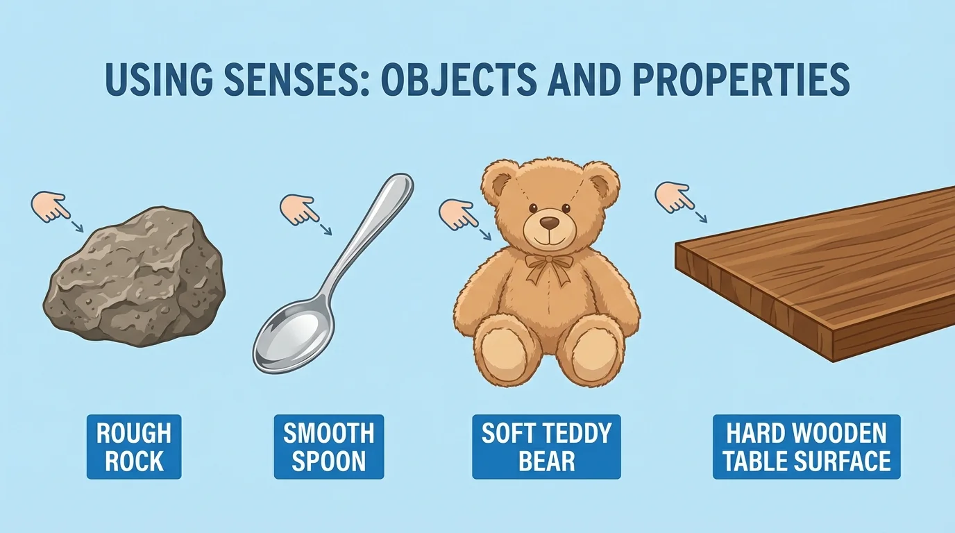 four everyday objects showing contrasting properties: rough rock, smooth spoon, soft teddy bear, hard wooden table surface