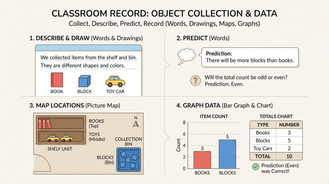 simple classroom record with a drawing of objects, a picture map of shelf and bin locations, and a small bar graph comparing two groups of items