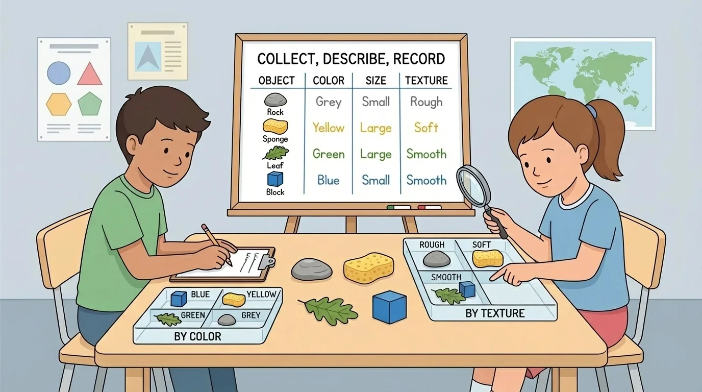 children comparing a rock, sponge, leaf, and toy block on a table, sorting them into simple labeled groups by color, size, and texture