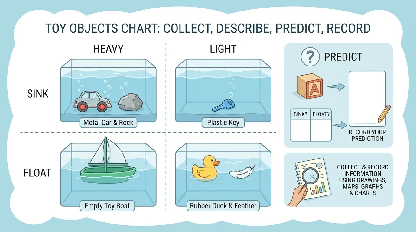 child-friendly chart of toy objects grouped as heavy or light and sink or float, with one new object shown with a question mark for prediction