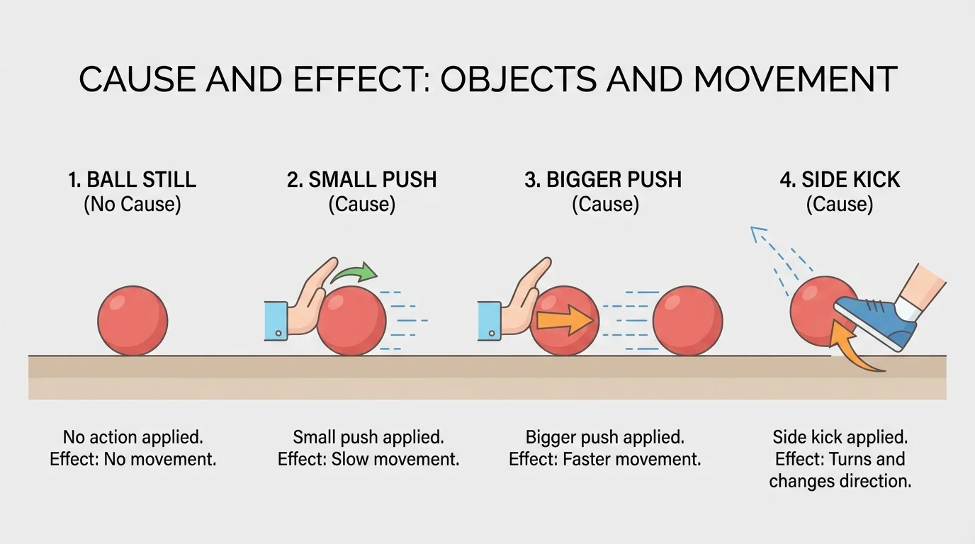 ball still, then moving slowly after a small push, moving faster after a bigger push, and turning after a side kick, with simple arrows