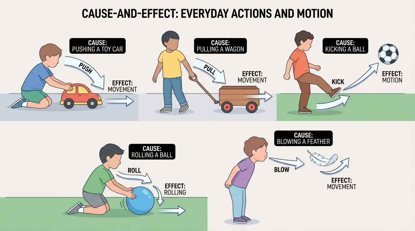 child pushing a toy car, pulling a wagon, kicking a ball, rolling a ball, and blowing a feather with simple motion arrows