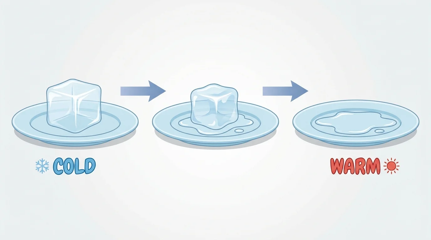 child-friendly sequence of an ice cube on a plate becoming a small puddle of water, with simple labels cold and warm