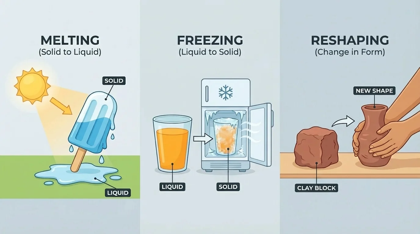 three-part scene showing sun warming an ice pop so it melts, a freezer making juice turn icy, and hands squishing clay into a new shape