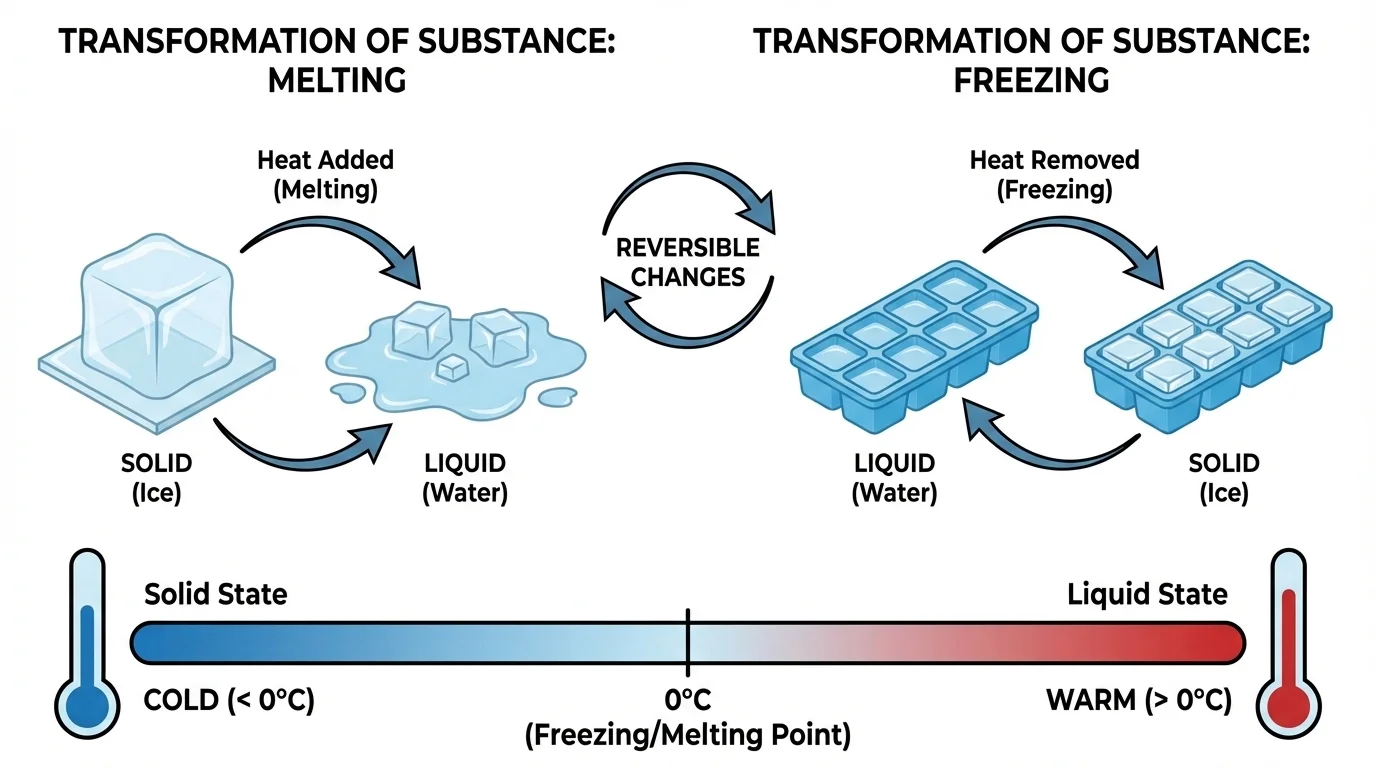 sequence showing an ice cube melting into liquid water and water in a freezer tray becoming ice