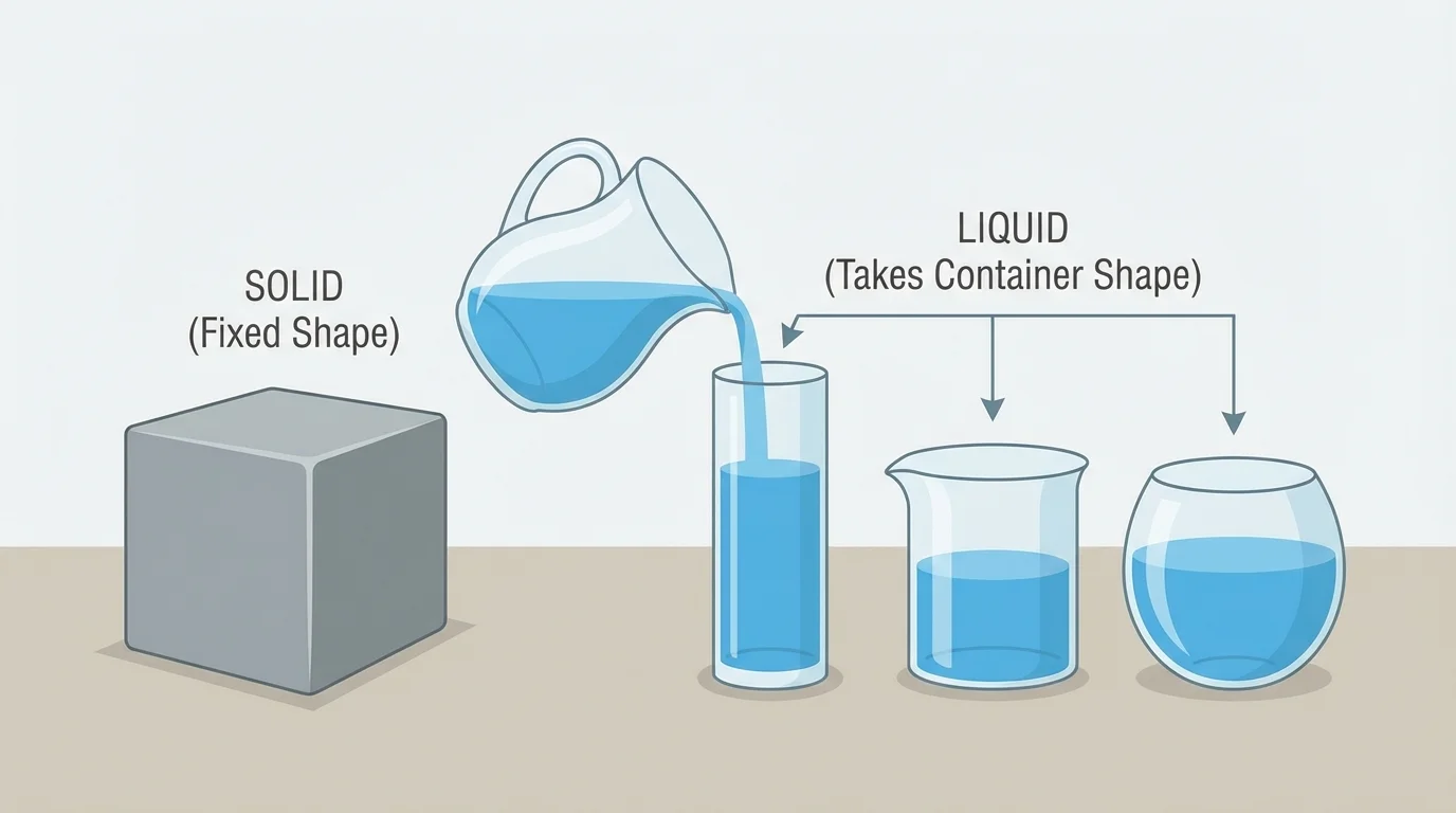 a cube block keeping its shape beside water poured into cups of different shapes