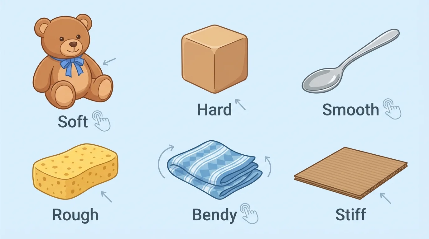 child-safe objects showing a soft teddy bear, hard wooden block, smooth spoon, rough sponge, bendy fabric, and stiff cardboard