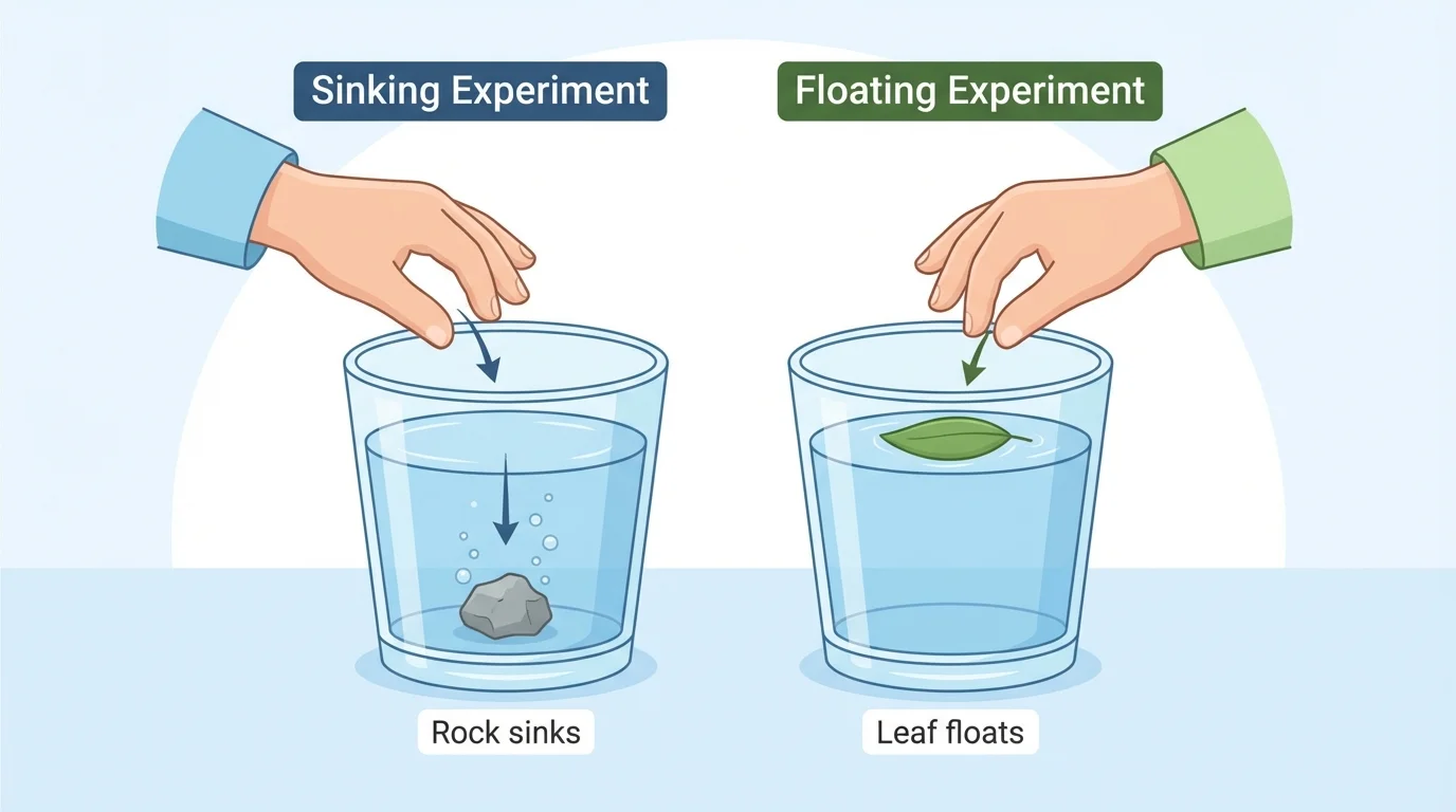 Two clear cups of water side by side, a child dropping a rock into one cup and a leaf into the other, showing the rock at the bottom and the leaf floating on top