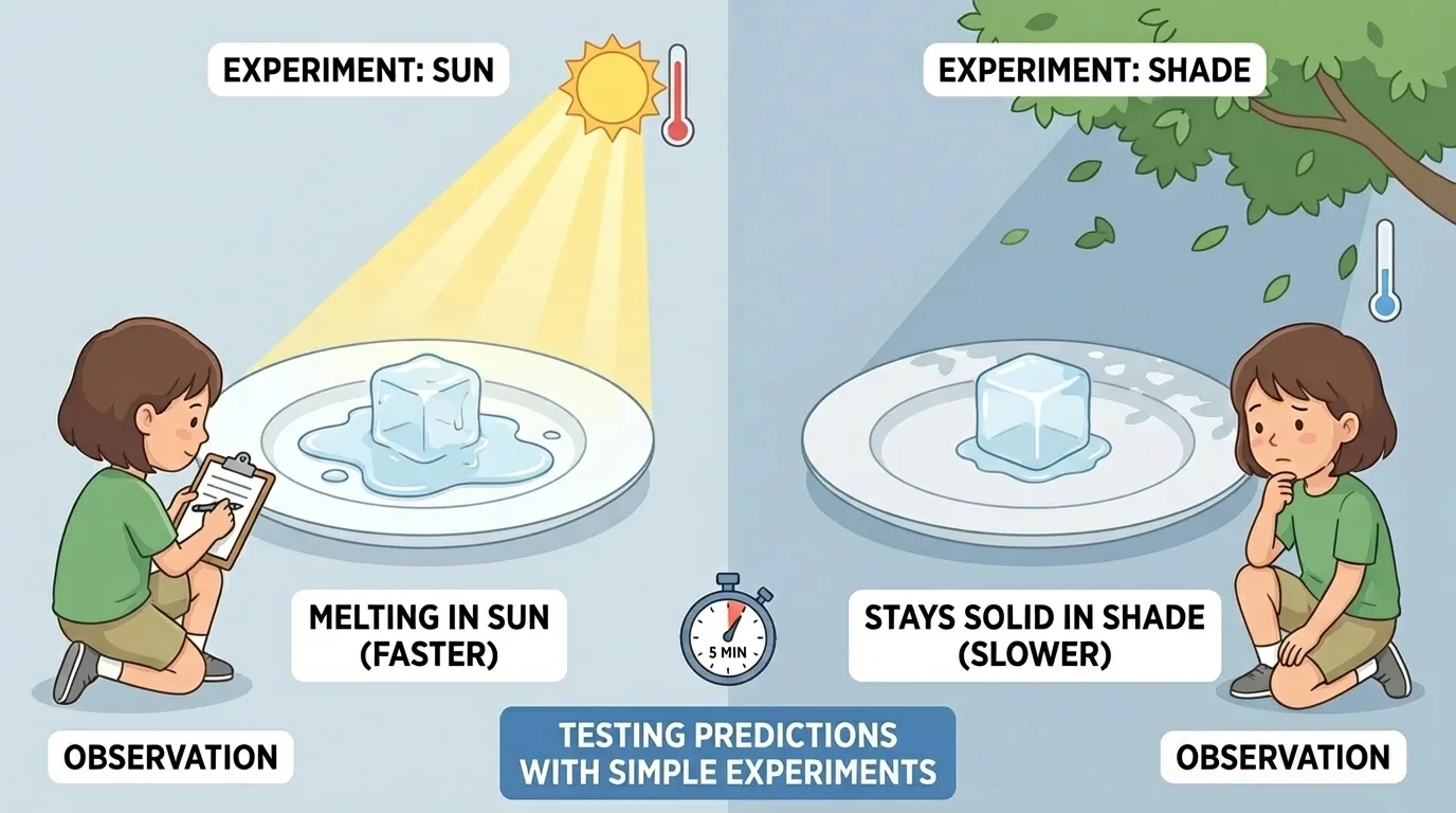 Two ice cubes on plates, one in bright sunlight melting into a puddle and one in shade staying more solid, with a child observing both