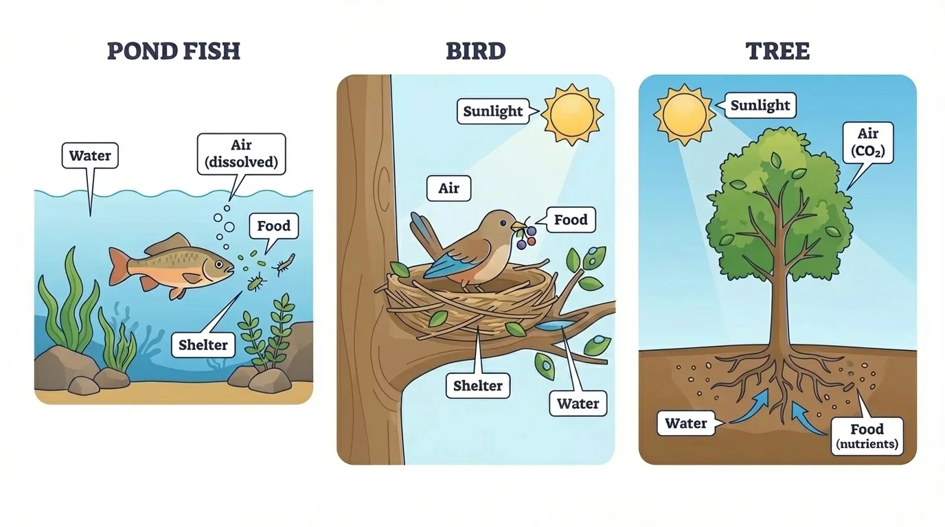 pond fish in water, bird in a nest on a branch, and tree rooted in soil with simple labels for water, air, food, sunlight, and shelter