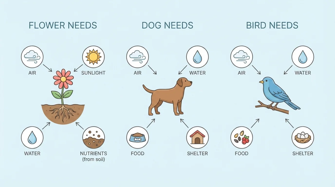 child-friendly comparison of a flower, a dog, and a bird with simple visual cues showing water, air, food, and shelter or sunlight as shared needs