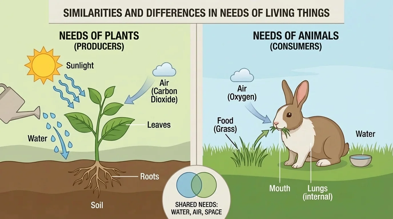 split scene showing a green plant in soil getting sunlight and water, and a rabbit eating grass and breathing air
