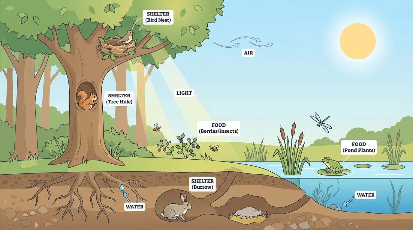 Forest and pond edge scene showing a bird nest in a tree, a rabbit burrow underground, a frog near pond plants, and a squirrel in a tree hole