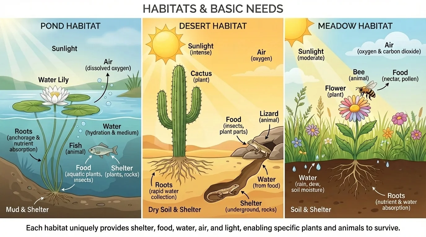 Side-by-side habitats with a water lily in a pond, a cactus in a desert, and a flower in a sunny meadow, each receiving water and sunlight differently