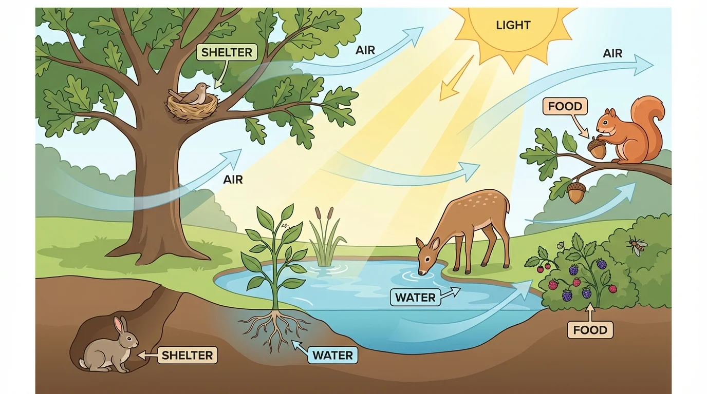 Labeled nature scene with bird in tree, rabbit in burrow, pond water, sunlight, and air arrows showing how a habitat provides food, water, shelter, air, and light