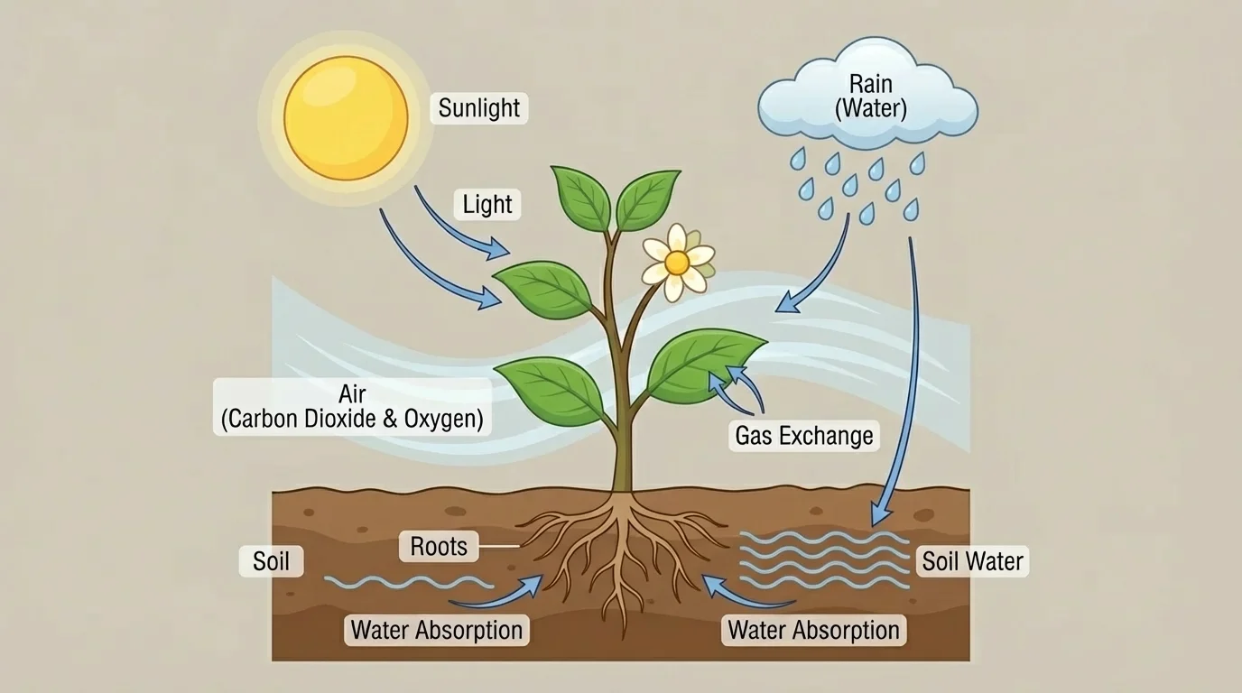 simple diagram of a plant with sun, water, air, and soil around it