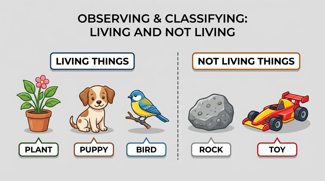 child-friendly illustration showing a plant, puppy, bird, rock, and toy side by side with simple labels living and not living
