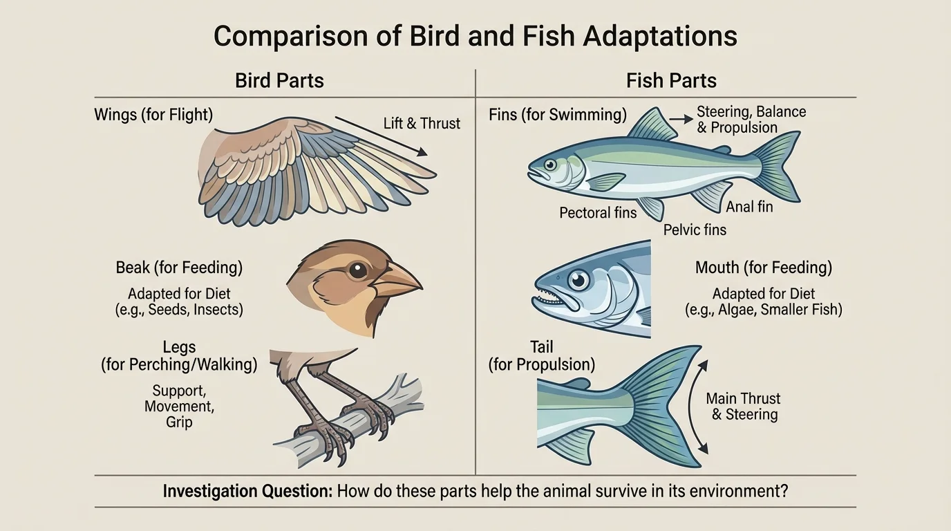 comparison chart illustration with bird wings, beak, legs and fish fins, mouth, tail