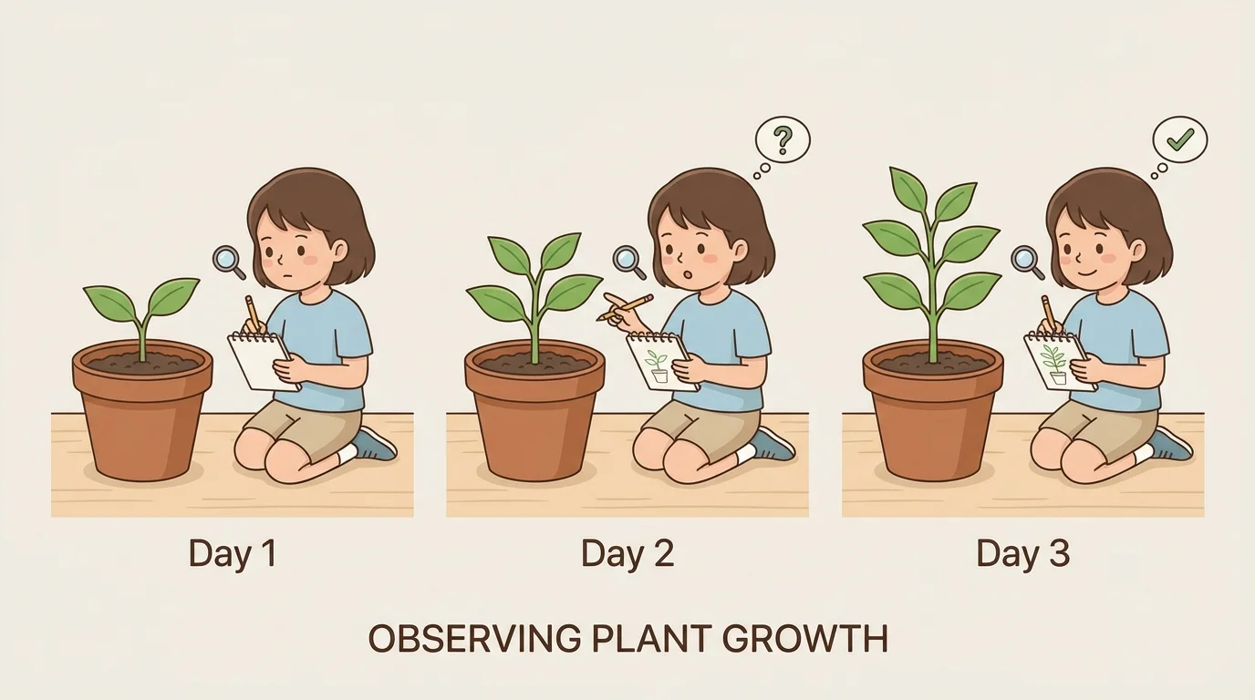 sequence of the same small plant on three days with more leaves each day and a child noticing