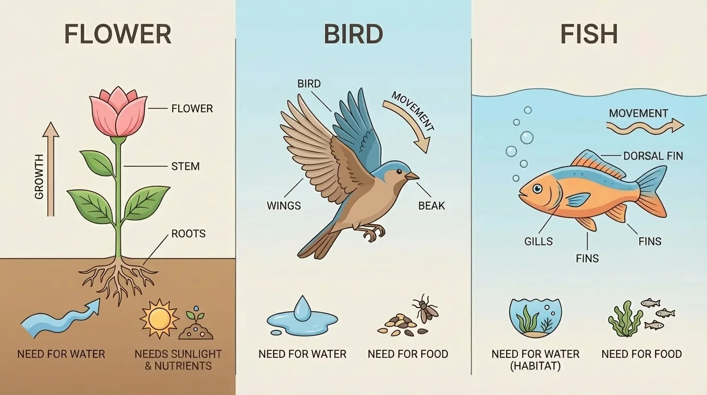 Labeled illustration of a flower, bird, and fish showing growth, movement, and need for water and food