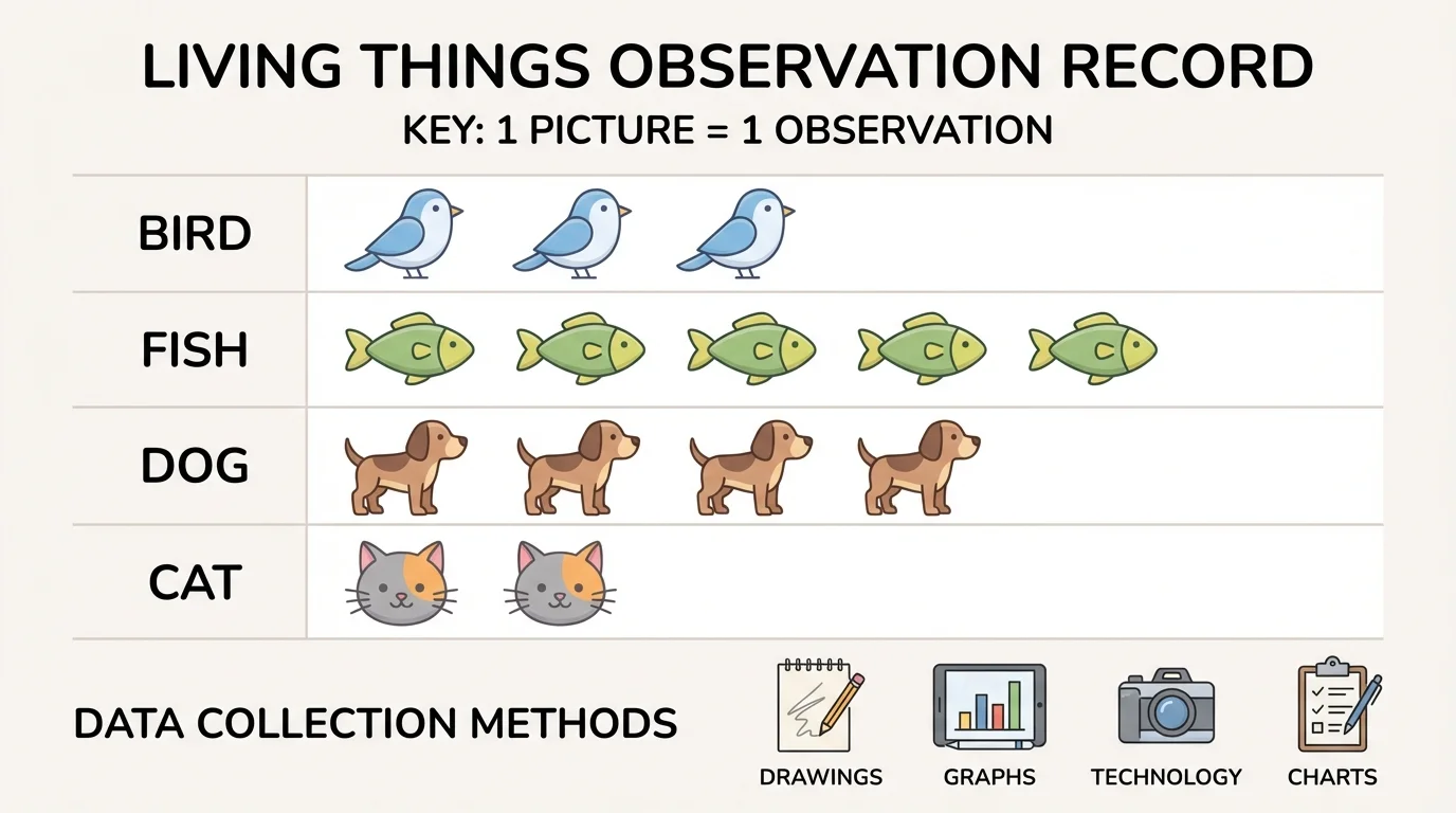 Picture graph with rows for bird, fish, dog, and cat using one picture to represent one observation