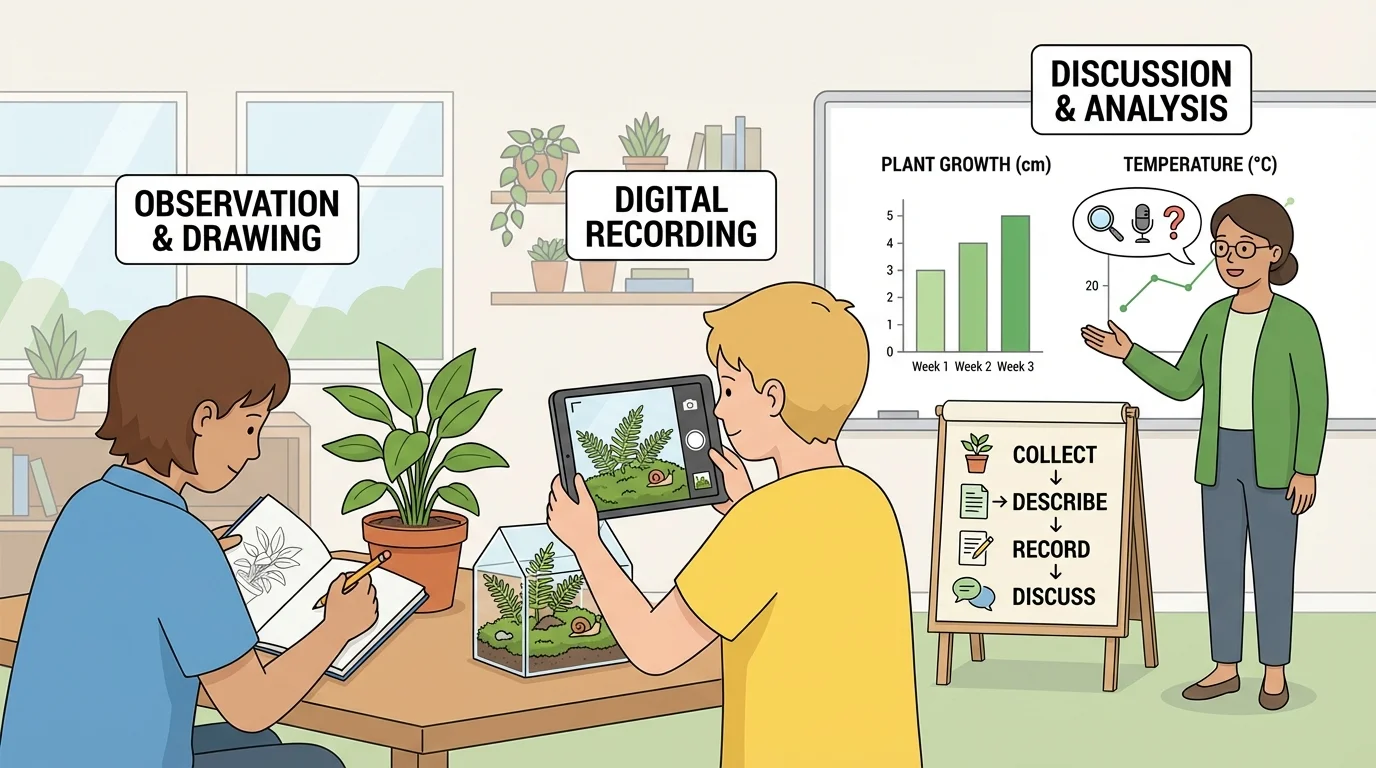 Classroom observation scene with child drawing a plant, another taking a tablet photo, and teacher discussing observations