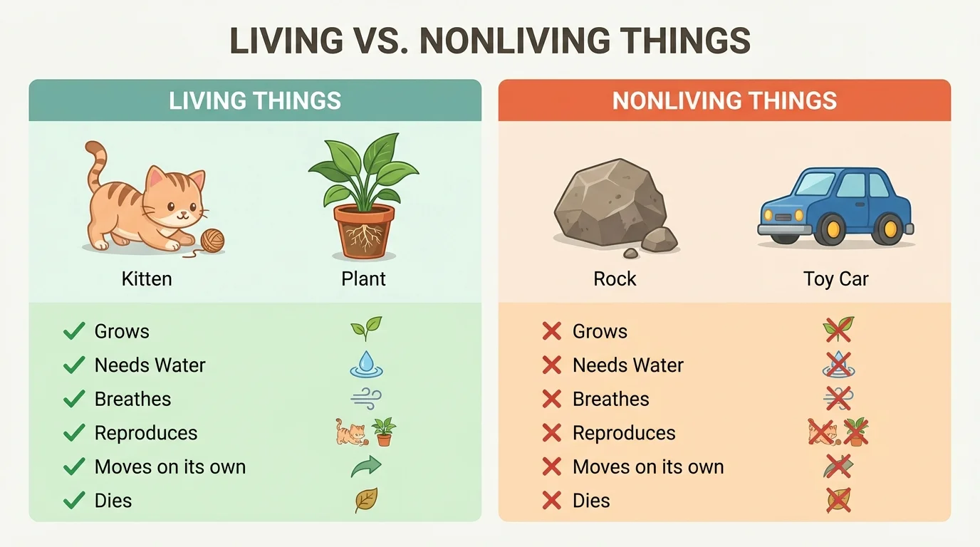 simple two-column comparison chart showing living examples like kitten and plant with traits such as grows and needs water, and nonliving examples like rock and toy car without those traits