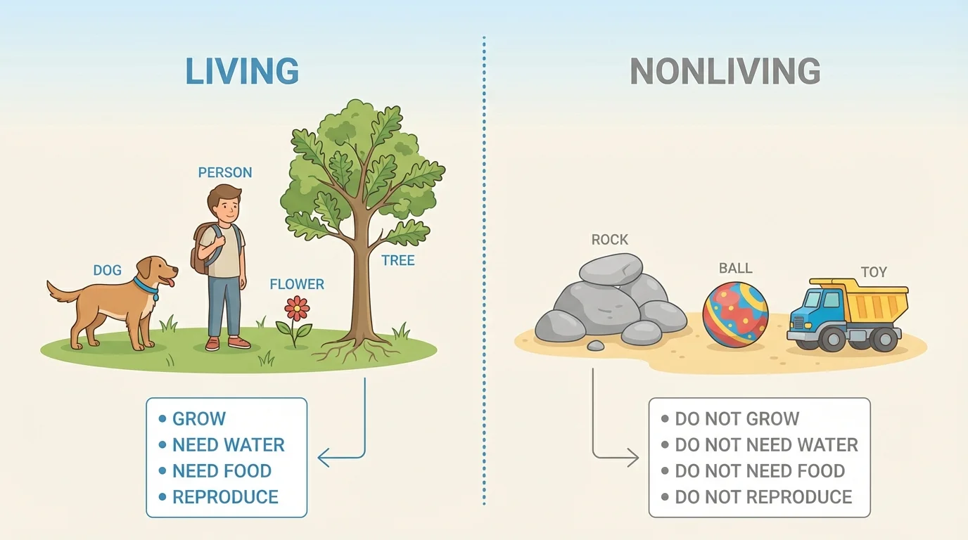 child-friendly outdoor scene with a tree, dog, flower, person, rock, ball, and toy, clearly showing examples of living and nonliving things