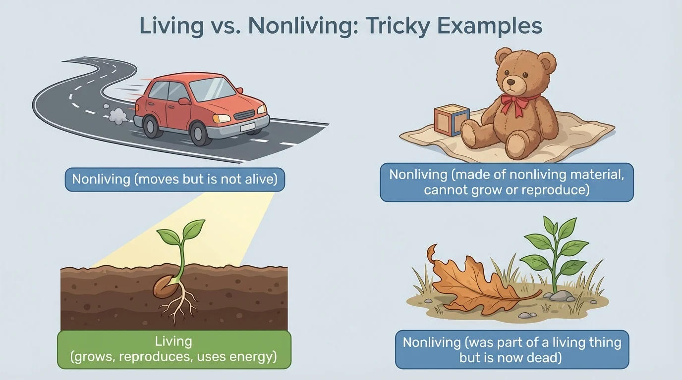 tricky examples including a moving car, a stuffed bear, a seed sprouting in soil, and a fallen leaf, with clear labels for living or nonliving now