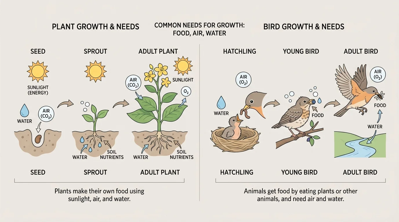 two simple growth sequences side by side, one showing seed to sprout to flowering plant and one showing baby bird to young bird to adult bird