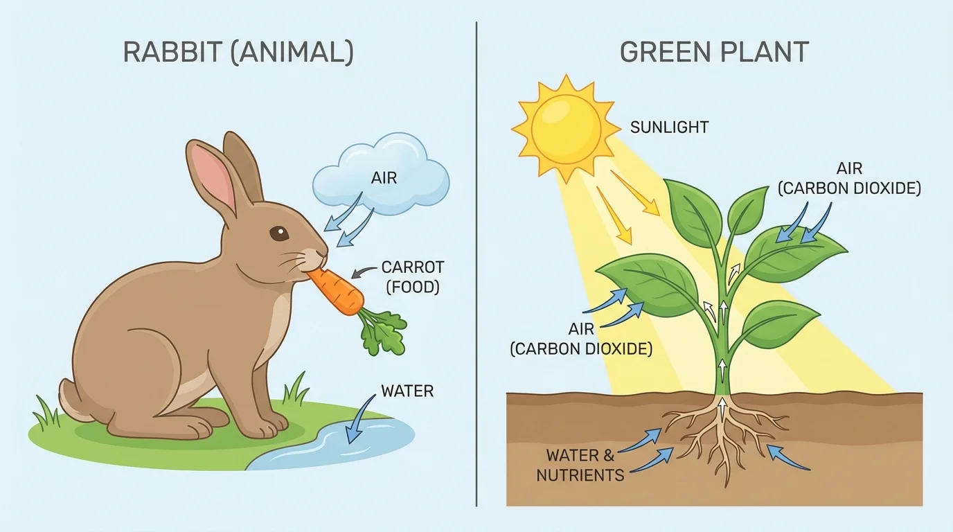 split scene with a rabbit eating a carrot on one side and a green plant in sunlight with roots taking in water on the other side