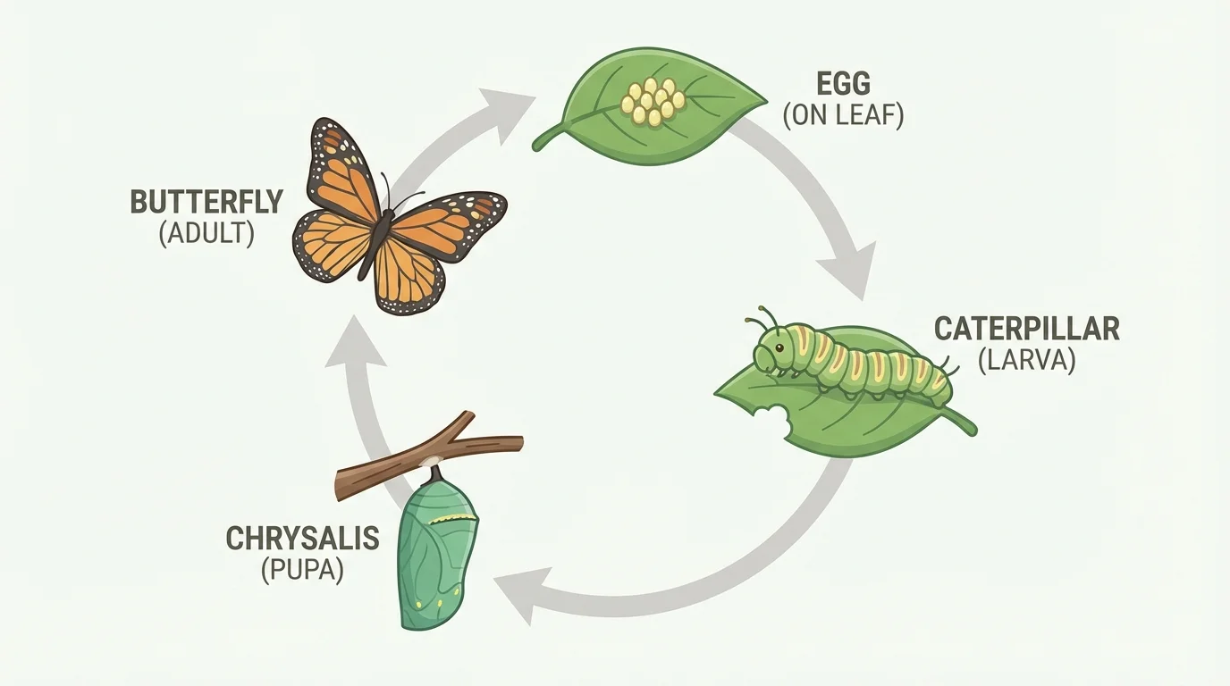 Egg on leaf, caterpillar, chrysalis, and butterfly in a circular life cycle diagram