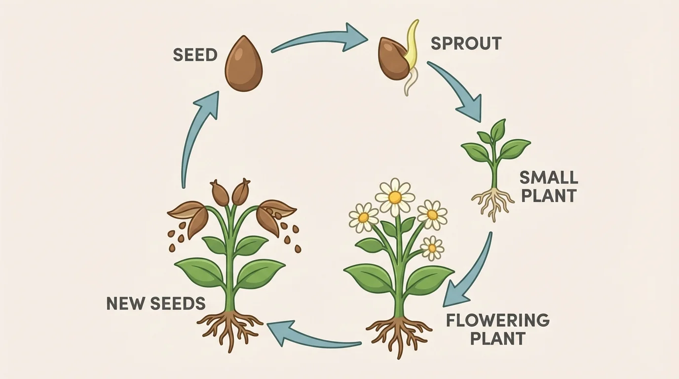 Seed, sprout, small plant, flowering plant, and new seeds in a simple cycle