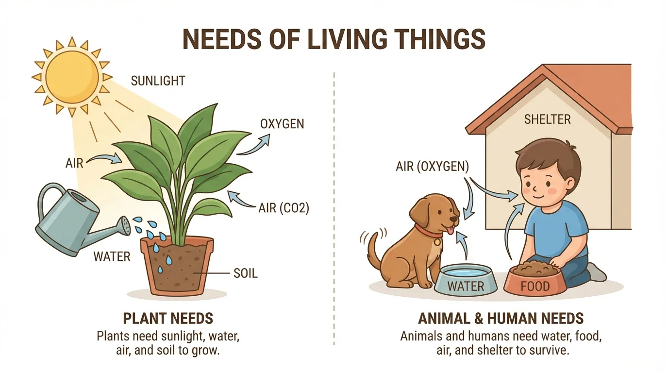 Plant in sunlight with water and soil beside a child and a puppy needing water, food, air, and shelter
