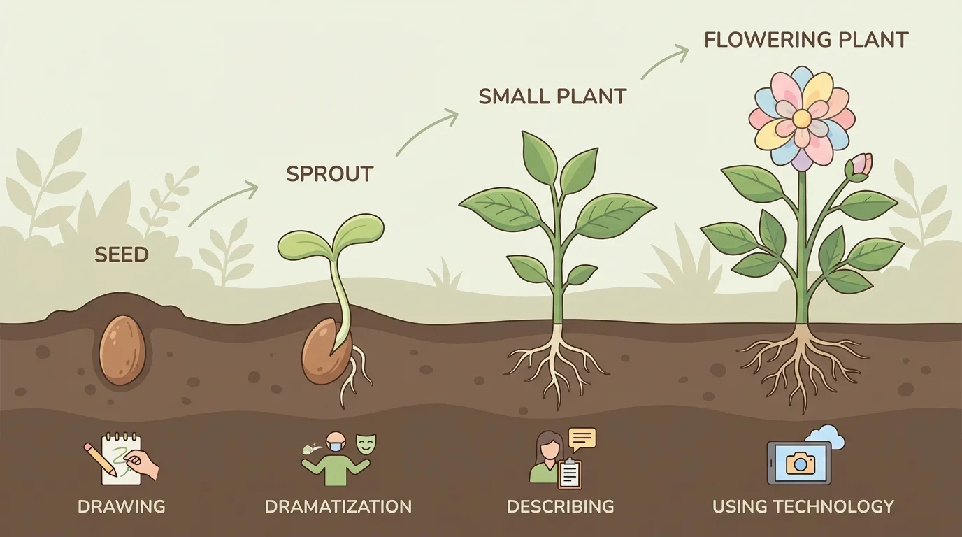 Plant life stages with seed, sprout, small plant, and flower in order