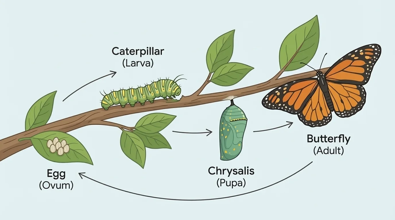 Egg, caterpillar, chrysalis, and butterfly shown in sequence on a branch