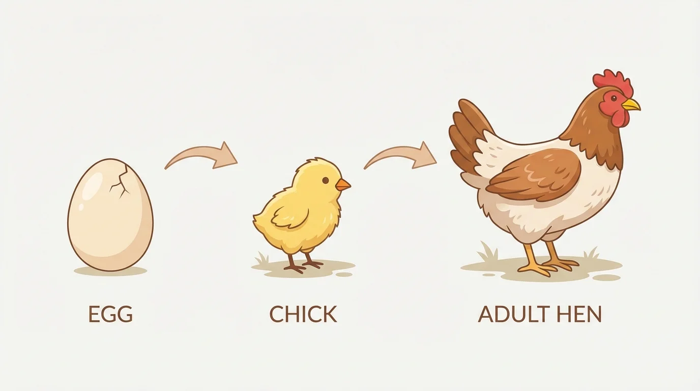 life stages of a chicken from egg to chick to adult hen