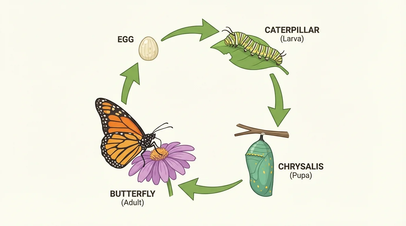 simple butterfly life cycle with arrows showing egg, caterpillar, chrysalis, and butterfly