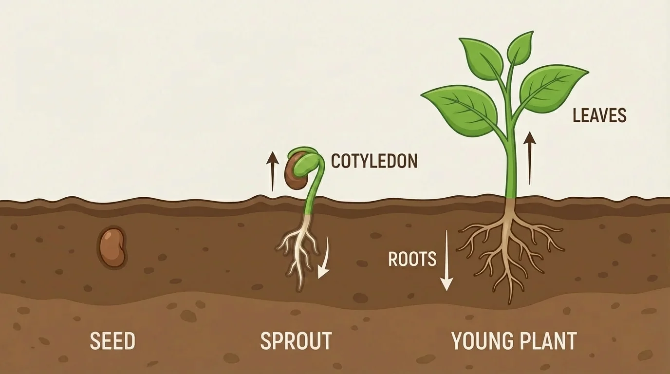 seed, sprout, and young plant in soil with roots and leaves