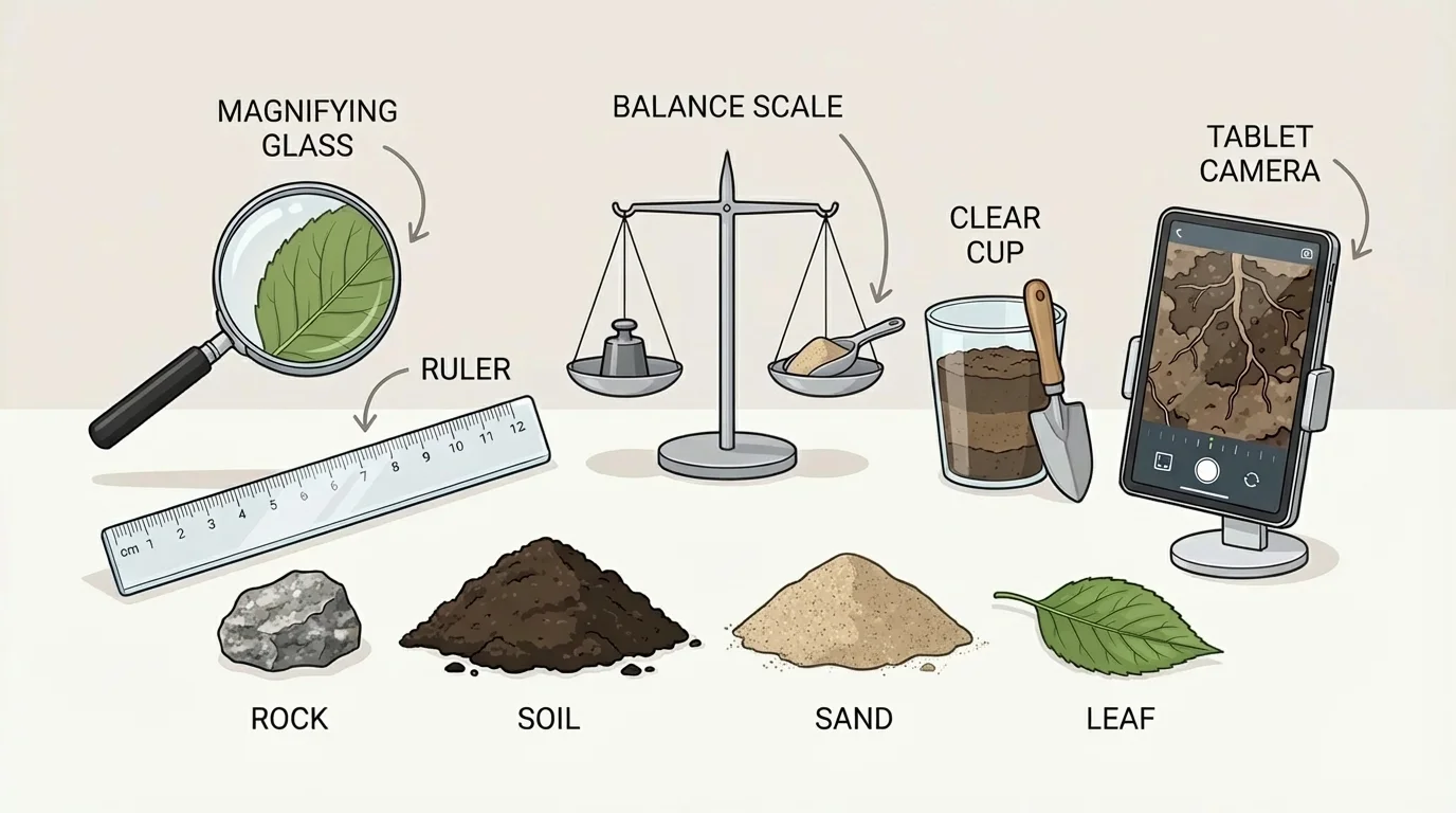 Magnifying glass, simple balance scale, clear cup, ruler, and tablet camera placed beside rock, soil, sand, and leaf samples
