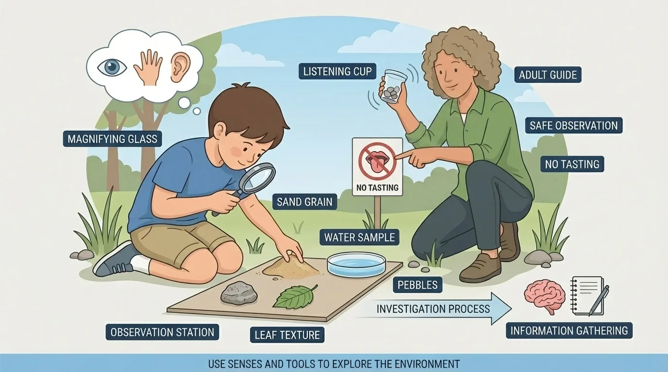 Child examining a rock, leaf, sand, and water with eyes and hands, listening to pebbles in a cup, with an adult nearby showing safe observing and no tasting