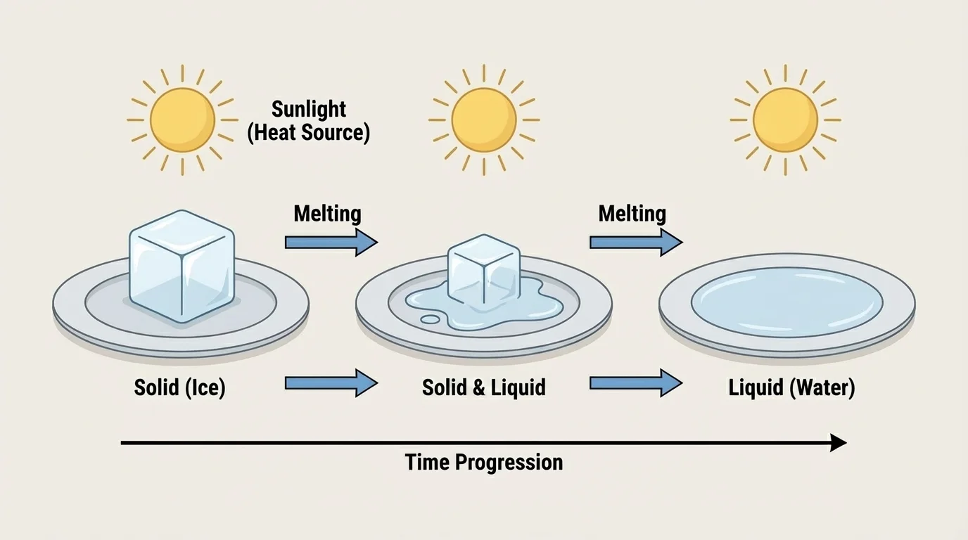 Sequence showing an ice cube on a plate melting into a puddle in sunlight, with arrows showing the change over time