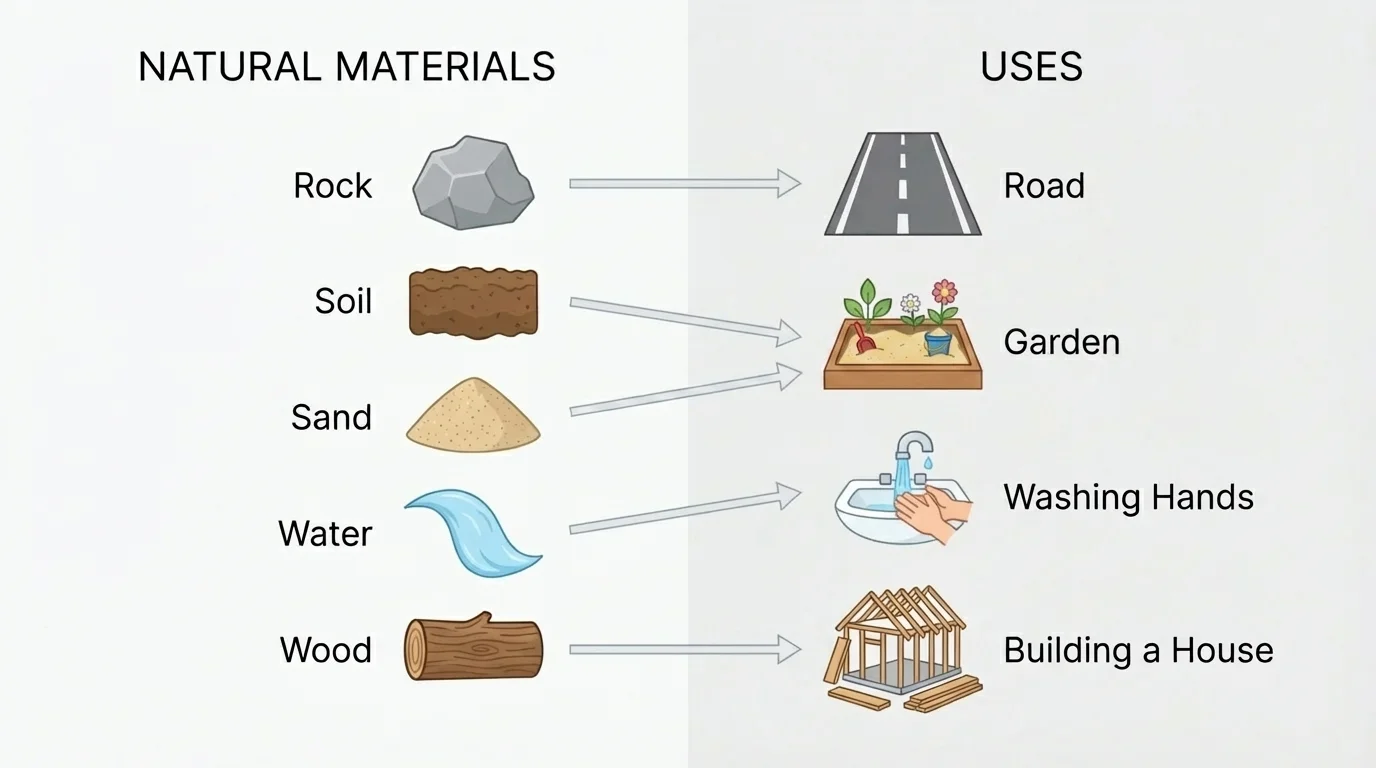 Rock, soil, sand, water, and wood shown with simple matching uses such as road, garden, washing hands, and building a house