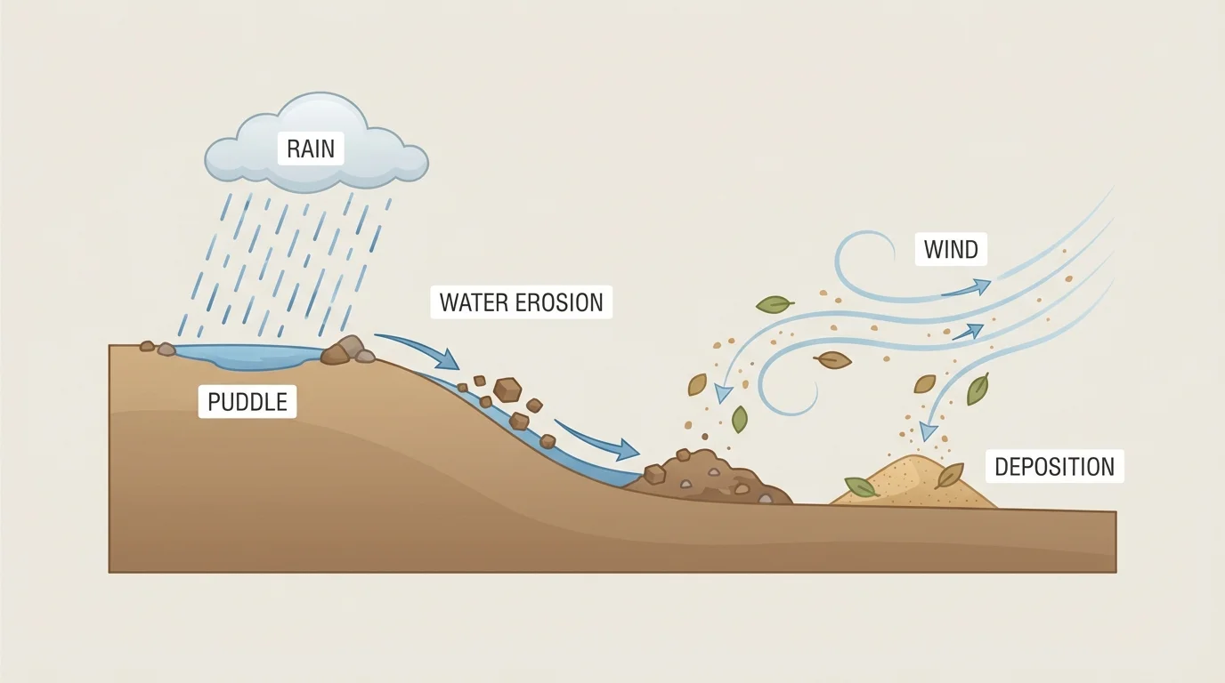 Simple outdoor scene showing rain making a puddle, water moving soil downhill, and wind blowing sand and leaves into a small pile