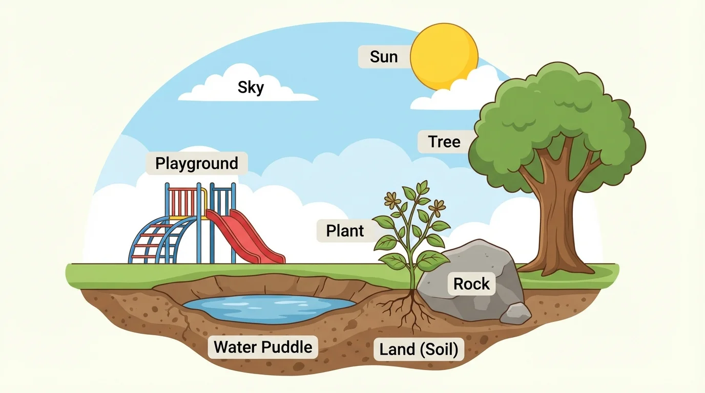 Child-friendly outdoor scene near a playground with labeled land, water puddle, sky, rock, plant, tree, and sun