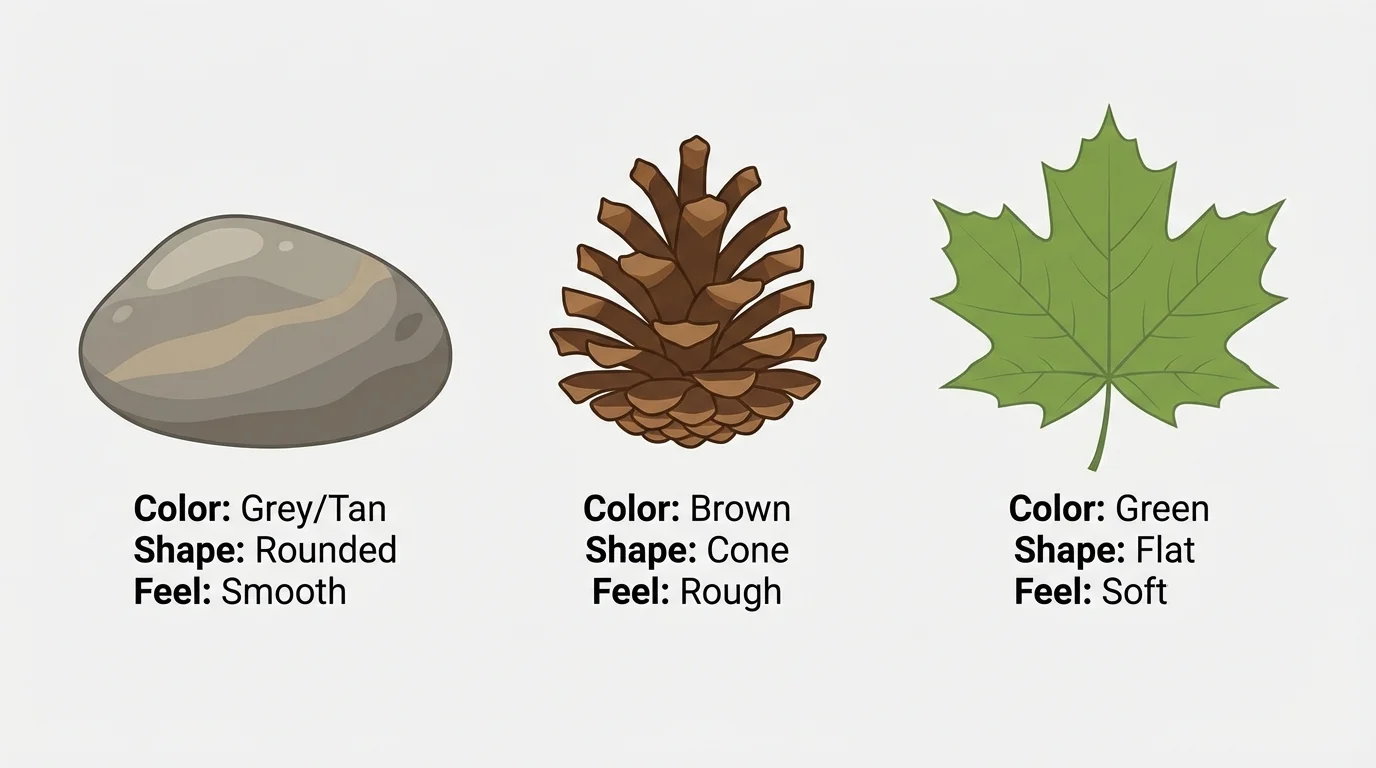 Three simple objects side by side such as a smooth rock, a rough pinecone, and a soft leaf, with short labels for color, shape, and feel