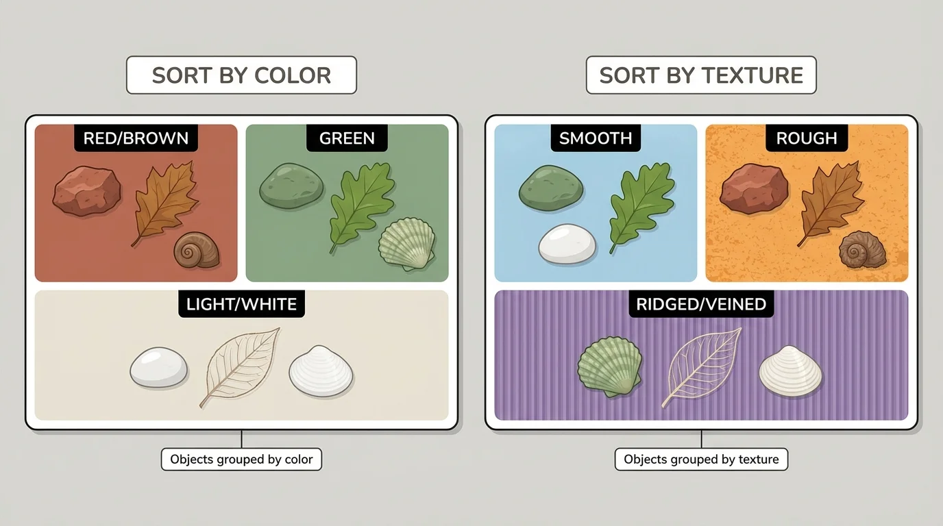 Trays or mats sorting rocks, leaves, and shells into groups by color and by texture, showing that the same objects can be grouped in different ways