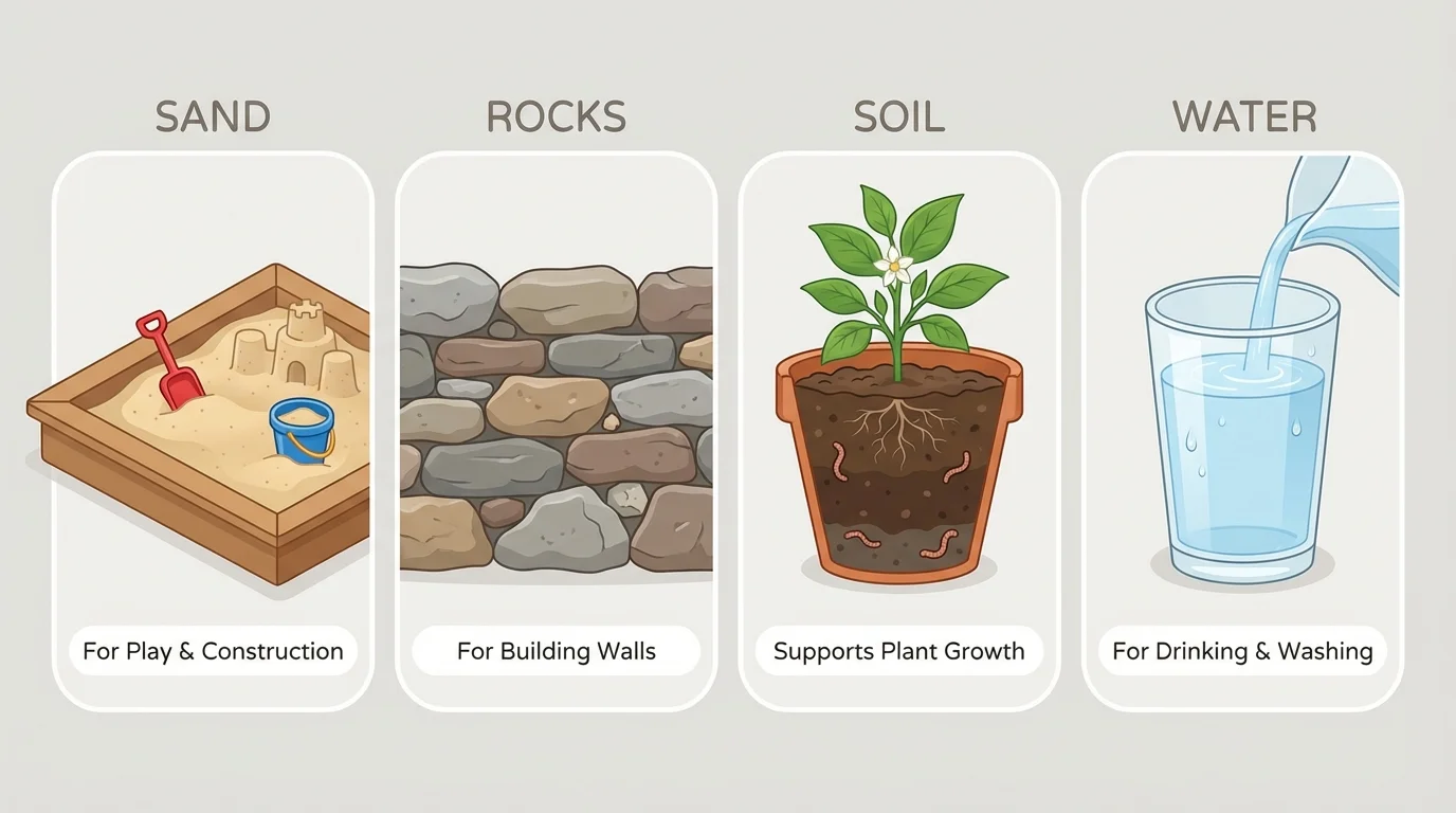 Sand for a sandbox, rocks for a wall, soil with a growing plant, and water in a cup, showing everyday uses of Earth materials
